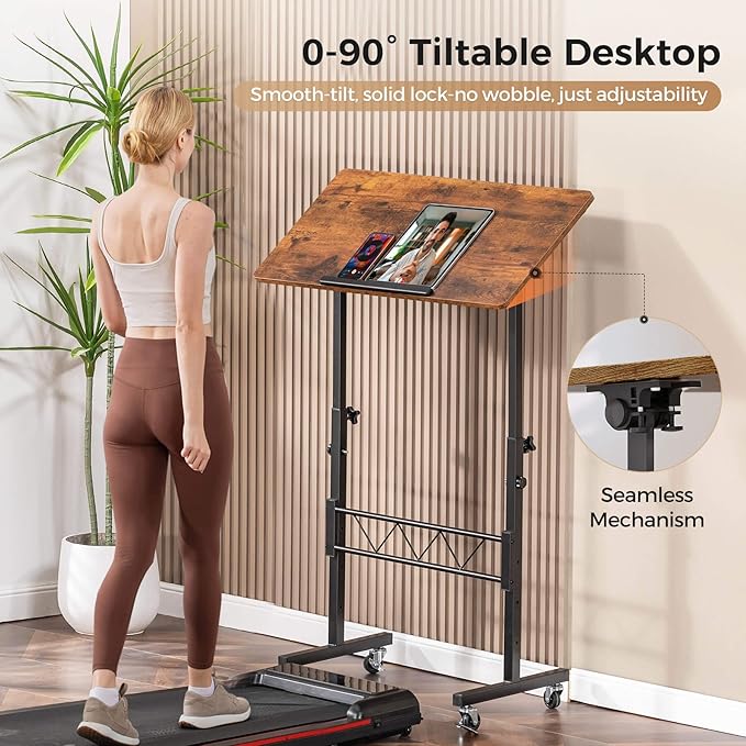 COMHOMA Small Standing Desk Adjustable Height & Tiltable Tabletop, Mobile Stand Up Desk for Laptop, Portable Computer Table for Home Office Work and Walking Pad Treadmill, Height 30.7"-46.4", Brown