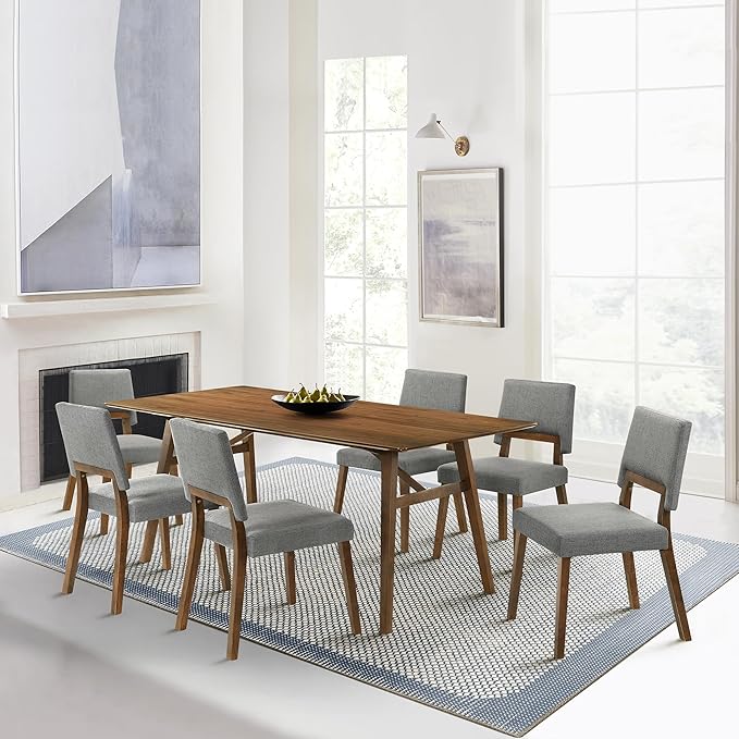 Armen Living Channell Mid Century Modern 7 Piece Walnut Wood Dining Table Set with Charcoal Fabric