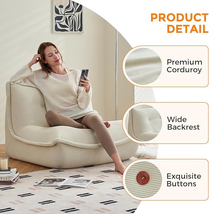 Bean Bag Chairs for Adults Giant BeanBag Chair Sofa Memory Foam Bean Bag Chair Couch with Ergonomic Design for Adults and Kids Home Living Room Bedroom Office Home Gaming Salon(Beige)