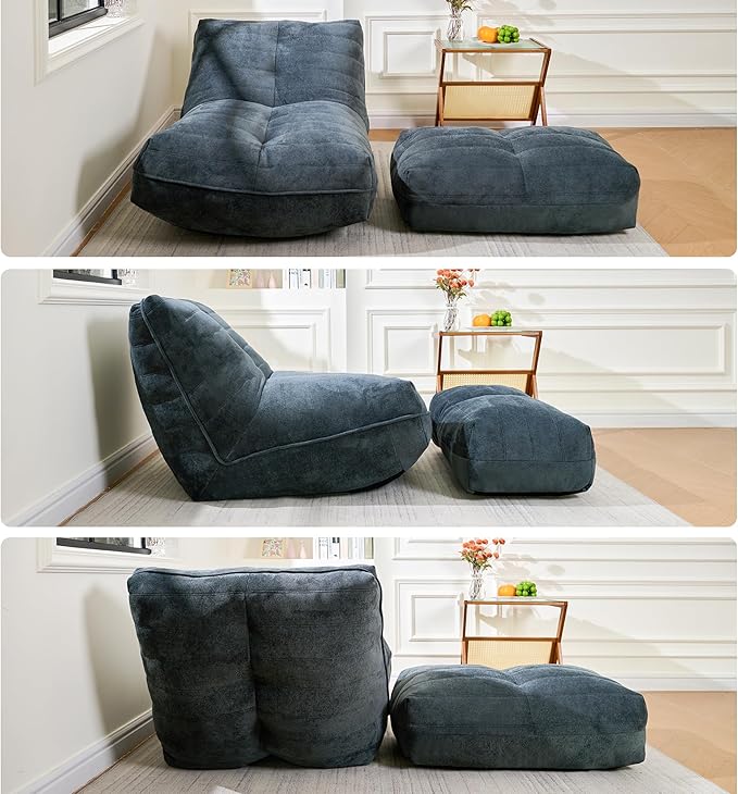 Bean Bag Chair with Ottoman, Comfy Bean Bag Sofa with Memory Foam, Lazy BeanBag Sofa with Footstool, Fireside Bean Bag Couch for Living Room, Bedroom, Apartment (Blue Gray)