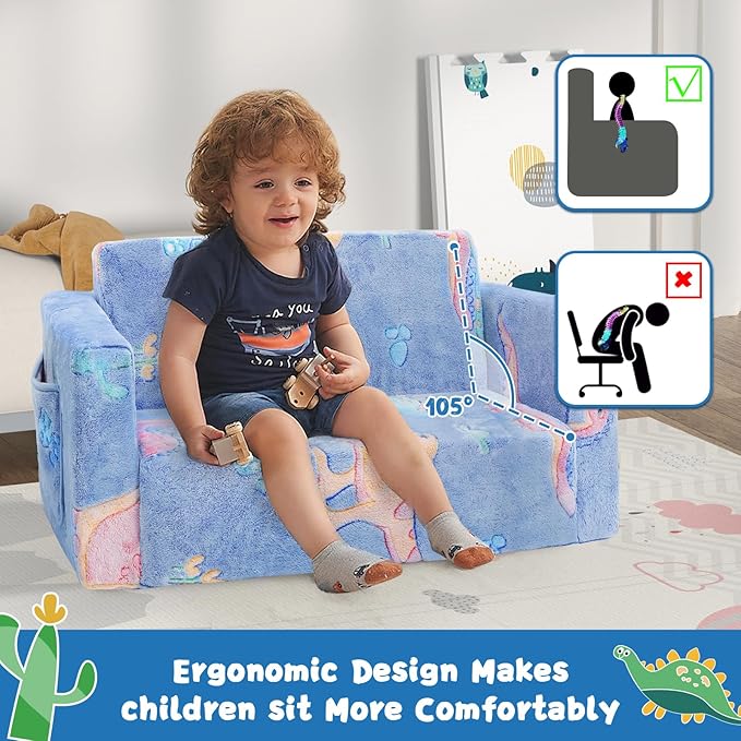 Toddler Couch,Toddler Chair,Extra Wider Seating,2-in-1 Baby Seat Furniture Fold Out, Convertible Sofa to Lounger Comfy Glow in The Dark Sofa Bed,Gifts for Kids Girl Boys,Dinosaur,Large