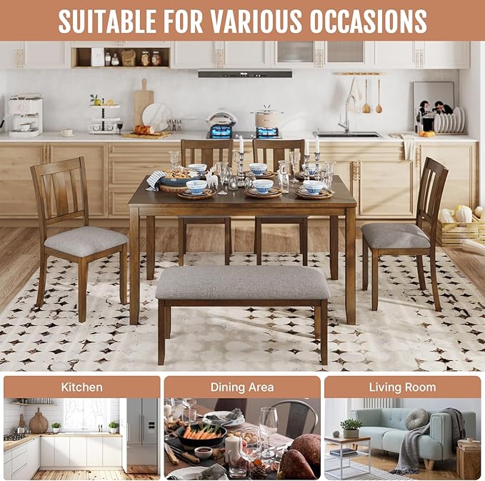 6-Piece Wooden Dining Set, Dining Table & Chair Set for 6, Includes Dining Table, 4 Upholstered Chairs & 1 Bench, Dining Table with Wood Legs, Table Set for Dining Room, Kitchen, Walnut