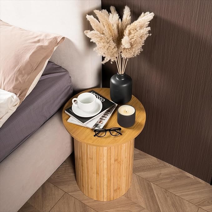 Handcrafted Round Fluted Pedestal End Table with Natural Wood Grain & Bamboo Base – Round Side Table, Coffee Table, Drink Table, Bedside Table for Bedroom, Living Room - 15.7” x 17.8” x 12”