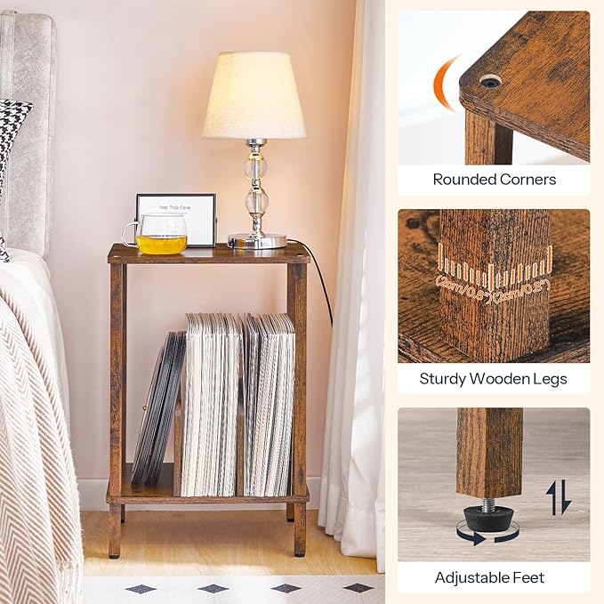 HOOBRO Record Player Stand, 2-Tier End Table, Vinyl Record Turntable Stand with Storage up to 100 Albums, Small Side Table for Living Room, Bedroom, Rustic Brown, FG05RS01