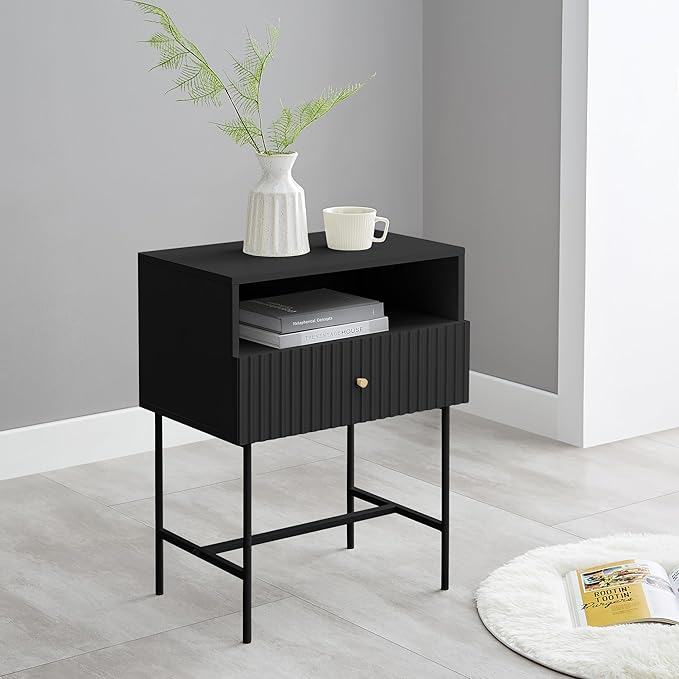 OCANDO Black Night Stand 19" Bedroom Bedside Table, Mid Century Modern Small Nightstand with 1 Fluted Drawer and Storage Shelf, Living Room Slim Sofa Couch Side End Tables Gold Handle