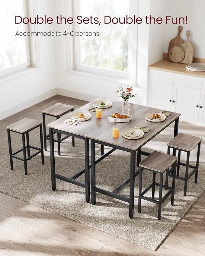 VASAGLE Bar Table Set, Bar Table with 2 Bar Stools, Dining table set, Kitchen Counter with Bar Chairs, Industrial for Kitchen, Living Room, Party Room, Greige and Black ULBT015B02