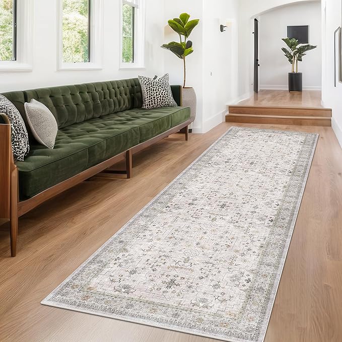 Light Gray Kitchen Rug 12 ft Long - Modern Boho Eclectic Floral Geometric Decor, Washable Low Pile Non-Slip Extra Long Wide Runner Rugs for Hallway, 3x12