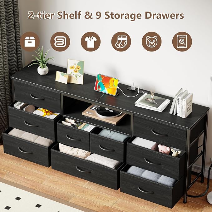 Furnulem 9 Drawer Dresser, 63” Long TV Stand for Bedroom, Entertainment Center with Power Outlet & LED Light for 65"-75" TV, Black Dresser with Fabric Storage Drawers for Closet