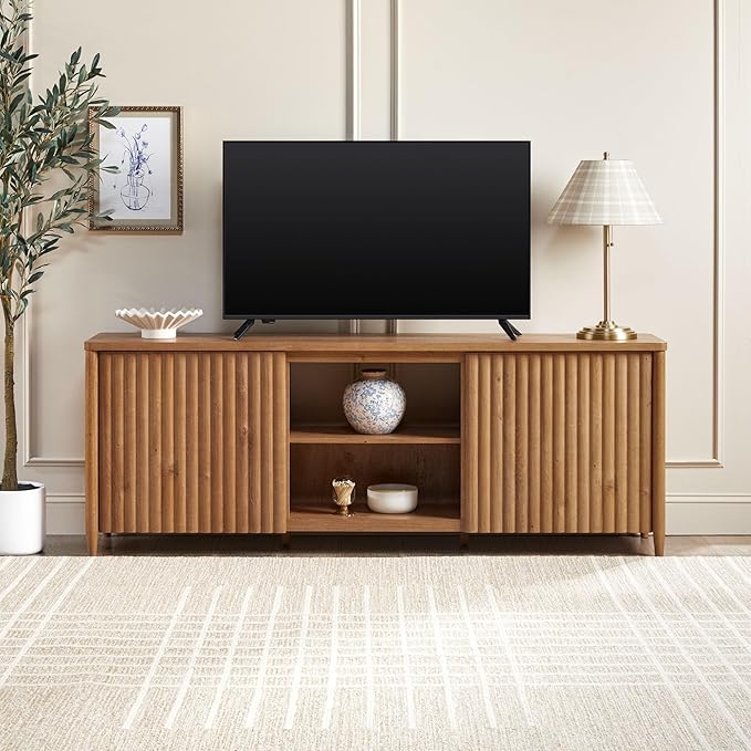 Walker Edison Flynn Scandinavian Reeded TV Stand with Open Storage for up to 80" TV, English Oak