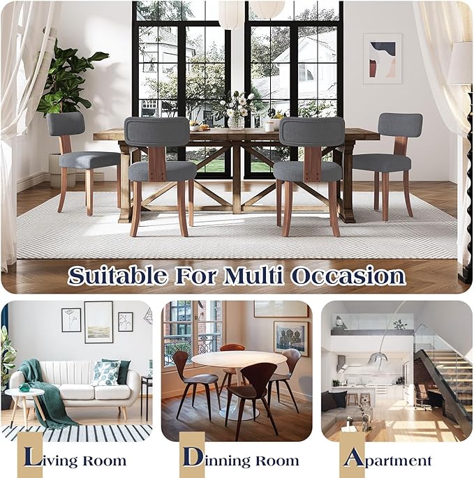 Mid Century Modern Dining Chairs Set of 2, Linen Upholstered Kitchen Chairs with Curved Backrest & Adjustable Legs for Living Room/Bedroom/Lounge, Easy to Install, Grey Linen