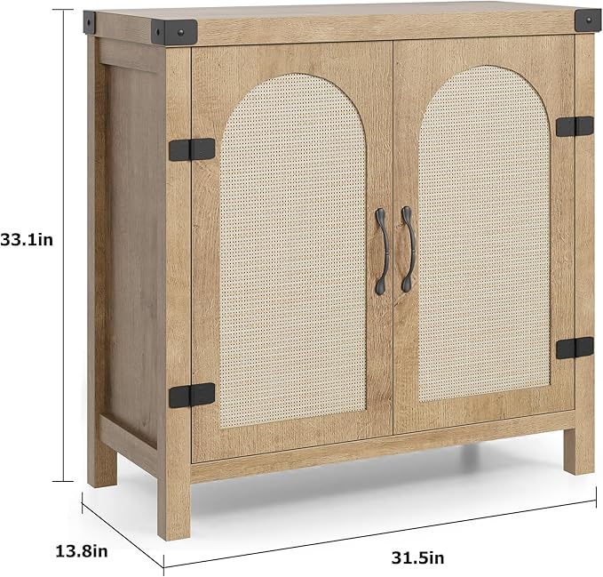 Garvee 31.5'' Small Rattan Buffet Cabinet with Storage, Kitchen Coffee Bar Cabinet with Doors, Boho Farmhouse Sideboard with Adjustable Shelves and Handle for Kitchen, Living Room, Natural