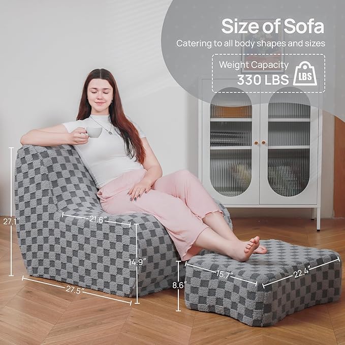 Giant Bean Bag Chair for Adults with Ottoman, Teddy Fabric Beanbag Chair with Memory Foam Filled,Plush Lazy Floor Sofa with Footstool Couch for Living Room,Bedroom,Dorm, Apartment, Grey