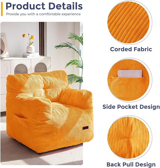 MAXYOYO Bean Bag Chair, Tufted Bean Bag Couch Lazy Chair, Living Room Sofa Couch with Filler for Adult Teens Kids, Corded Fabric Accent Sofa for Bedroom Dorm, Orange