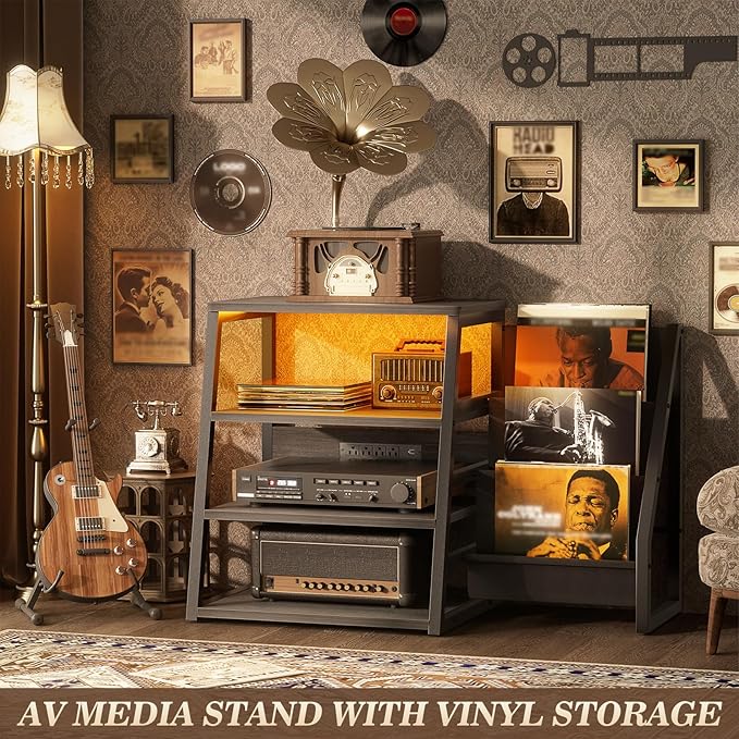 AV Media Stand with Outlets, Stereo Stands and Racks with Vinyl Storage, Stereo Stand with Record Storage, Audio Stereo Rack Cabinet, Turntable Console Stand with LED lights, 4 Tiers, Walnut Grey