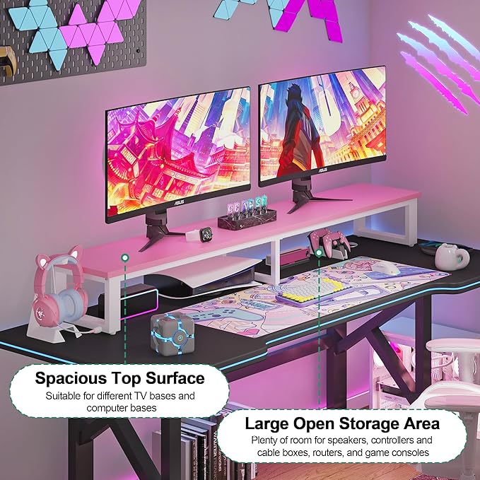 Clikuutory 59" Large TV Riser for 32-75 inch TVs, Tabletop Stand with Steel Legs, Storage & Dual - Screen Office Desk Function, Ideal for Home Office, Bedroom, Living Room, Pink