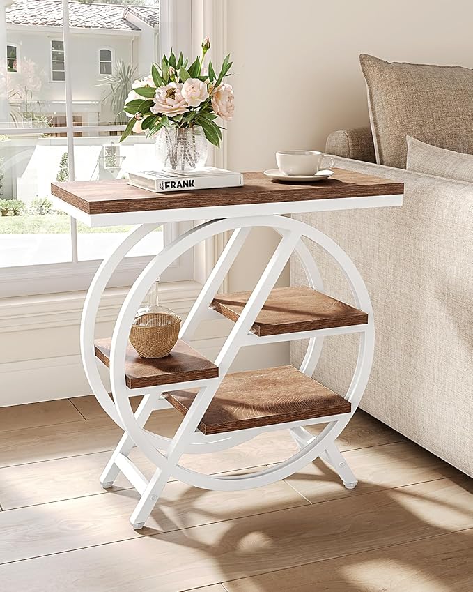 LITTLE TREE End Table, Narrow Side Table with 4-Tier Large Storage Space, Modern Bedside Table for Living Room, Home Office, Bedroom, Brown and White