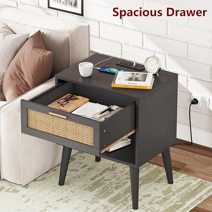Irontar Nightstand Set of 2, Bedroom Night Stand with Charging Station & Rattan Drawer, Boho Style Bed Side Tables with Solid Legs, Accent End Table with Open Storage, Black and Natural BZZ007BME02