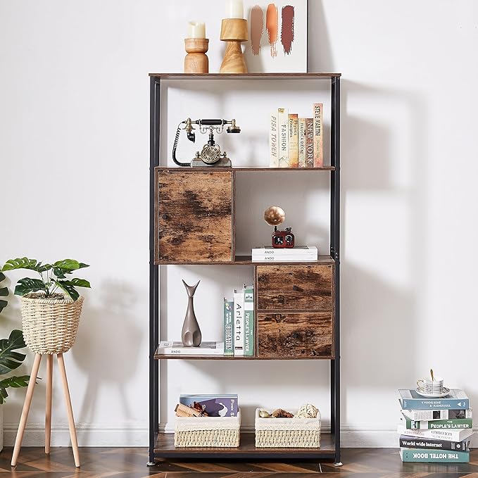 VECELO 5-Tier Bookshelf,Bookcase with 2 Storage Drawers and 1 Cabinet, Wooden Shelf with Metal Frame Open Book Shelves Standing Shelf Unit for Living Room, Bedroom,Office