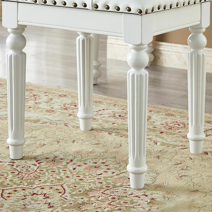 Vanity Bench Stool with Microfiber Leather Cushion, Vanity Chair Ottoman Dressing Stool with Solid Wood Legs for Bedroom, Makeup Room, Dressing Room (White)