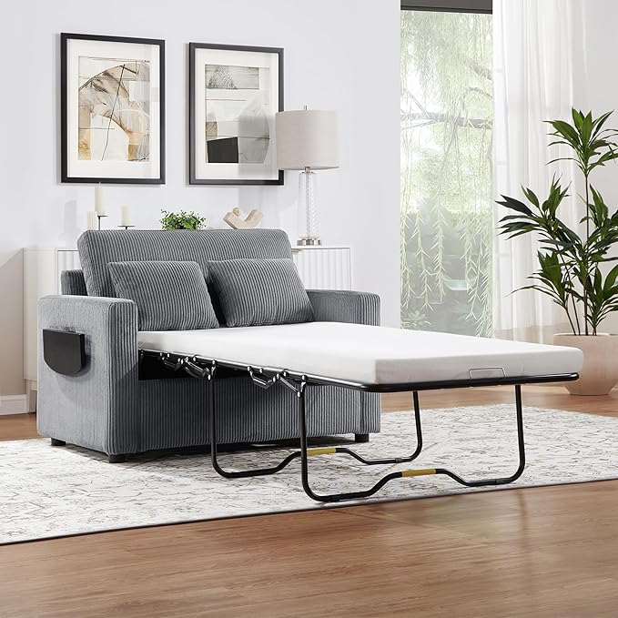 Twin Size Sofa Bed 47.2" Sleeper Sofa Loveseat Sofa with a Foldable Mattress, a Foldable Side Table, a Side Storage Pocket and Two USB Ports for Living Room, Gray