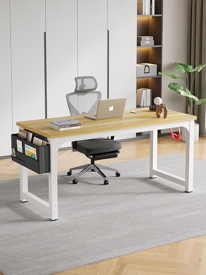 Large Computer Desk - 63 Inch Home Office Desks Study Student Writing Table Gaming Desk Wood Modern Simple Table with Storage Bag & Headphone Hooks, Rustic White