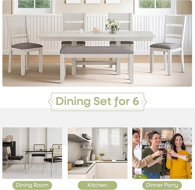 6-Piece Solid Wood Dining Table Set for 6, Extendable Table with 4 Upholstered Chairs and 1 Bench– Easy Assembly for Indoor Use, Kitchen, Dining Room, Grey