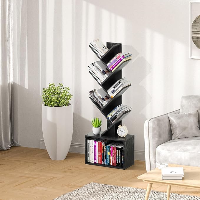 6 Tier Tree Bookshelf, Sturdy Retro Floor Standing Wood Bookcase, Storage Rack for Home Office, Living Room, Bedroom, Reading Spot, Heavy Book Organizer Shelves for CDs/DVDs/Movies, Black