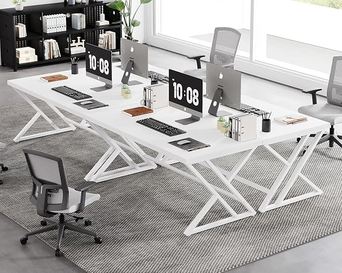 LVB Modern White Computer Desk, Long Industrial Home Office Desk for Student, Large Metal Wood Writing Study Work Desk, Farmhouse Executive Gaming Computer Table for Bedroom Living Room, White, 60 in