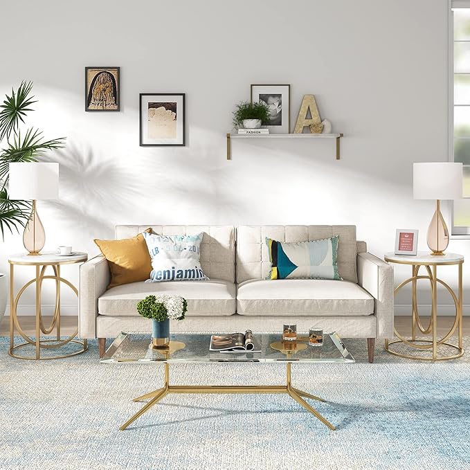 Tribesigns Round End Table for Living Room, Modern Marble Side Table with Gold Metal Frame, White and Gold Accent Table, 26-Inch Tall Narrow Nightstand for Bedroom