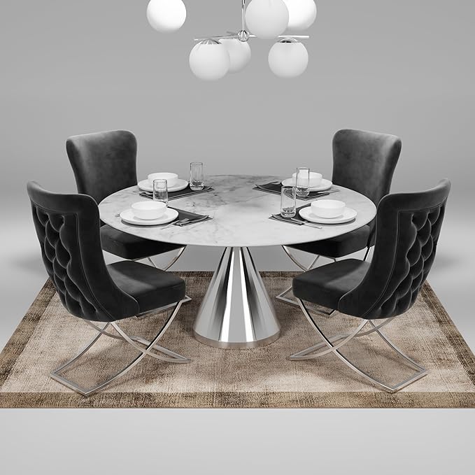 Ottomanson Royal Dining Chairs Set of 2 – Upholstered Tufted Microfiber, Assembled, Silver Metal Legs, Beech Wood Frame, 350 lb Capacity, Gray