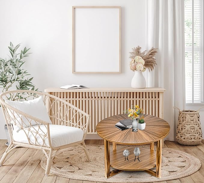 Coffee Tables for Living Room, Small Round Coffee Table with Storage, Mid Century Modern Solid Wood Coffee Table, Rustic Wooden Circle Center Table Living Room Furniture, Brown Tea Table