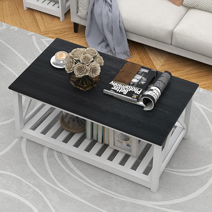 Farmhouse Coffee Table, Black and White Coffee Table for Living Room, 2-Tier Rectangular Wooden Centre Cocktail Table with Slats Shelf Storage and V-Shaped Frame Modern Coffee Tables Oak Black
