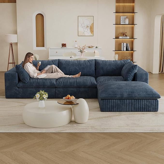 118.2" L Shaped Modular Sectional Cloud Couch with Ottoman, Plush Corduroy Upholstered Compression Sofa, 4-Seat Deep Seat Boneless Sofa Couches with Throw Pillow