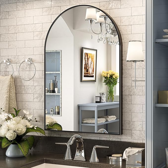 Arched Wall Mirror 20"X30", Black Bathroom Vanity Mirror with Frosted Metal Frame, Modern Farmhouse Mirror Wall Mounted, Curved Arch Design for Bedroom, Living Room & Home Decor