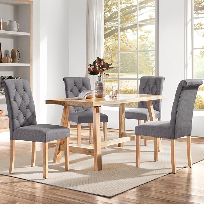 Yaheetech Dining Chairs Set of 4 Fabric Upholstered Button Tufted Kitchen Chairs with Solid Wood Legs for Home, Restaurant, Dining Room, Dark Gray