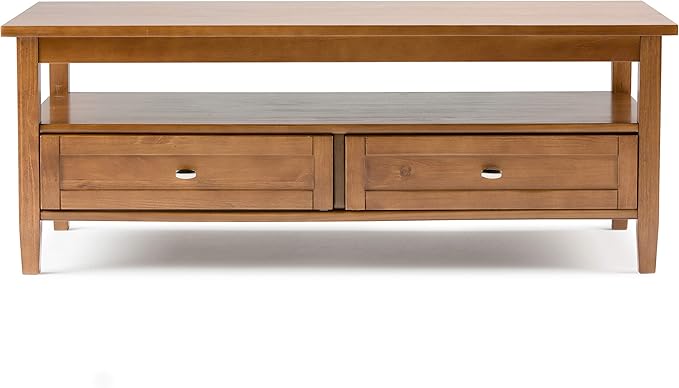 SIMPLIHOME Warm Shaker Coffee Table - 48 inch Wide Solid Wood Cocktail Table in Light Golden Brown, Transitional Living Room Table with 2 Storage Drawers and Open Shelf for Sitting Area or Lounge