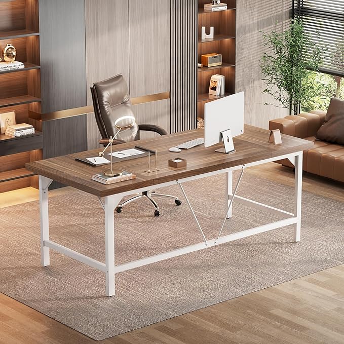 Unikito 70.8 Inch Extra Long Computer Desks, Heavy Duty Large Office Executive Desk, Sturdy 2 Person Desk, Premium Thick Study Writing Table Computer Table for Home Office Workstation, Rustic/White