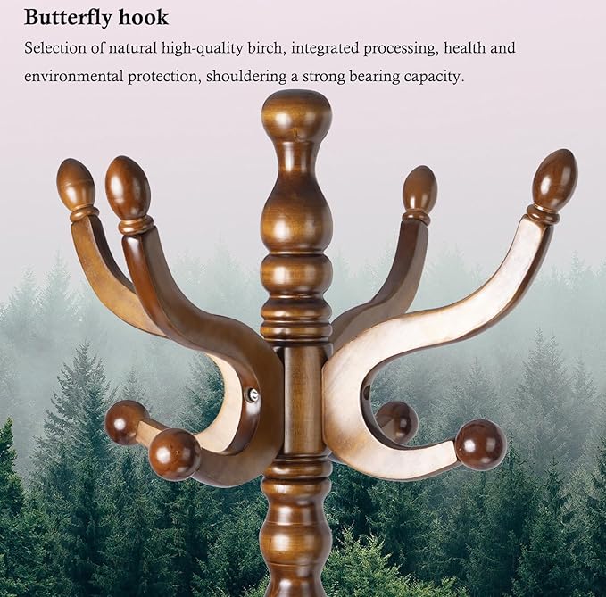 Coat Rack Stand, Solid Wooden Coat Tree with 11 Hooks, Heavy Duty Coat Rack Freestanding with Sturdy Round Base, Natural Birch Wood Coat Hanger Stand for Entryway Bedroom (brown circular)