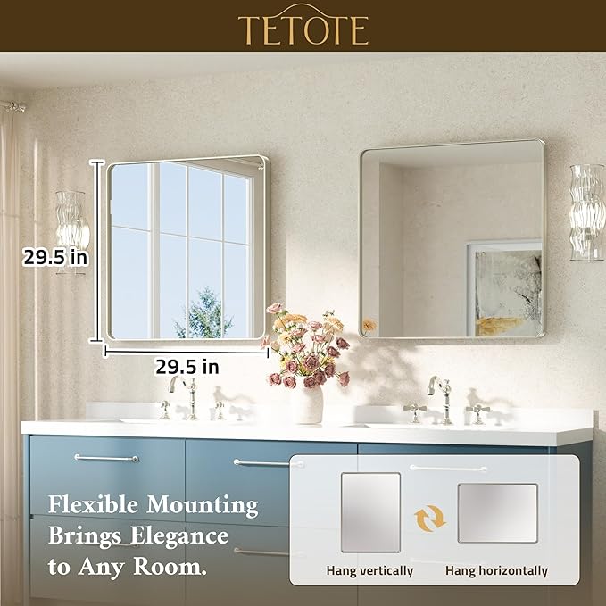 TETOTE Brushed Nickel Bathroom Mirror 30 x 30 Brushed Nickel Metal Framed Bathroom Mirror, Tempered Glass, Modern Farmhouse Wall Mounted Mirror for Decorative(Horizontal/Vertical)