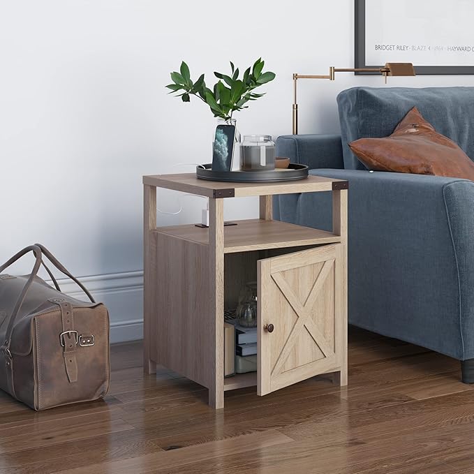 Farmhouse Nightstand with Charging Station, Rustic End Table Bedroom with Storage Living Room Side Table Beige Night Stand Industrial Bedside Bed Table with USB Ports and Outlets