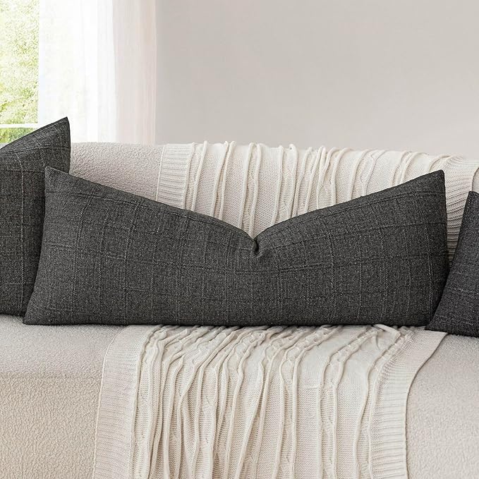 Foindtower Set of 2 Decorative Linen Check Throw Pillow Covers Neutral Long Body Lumbar Cushion Covers Farmhouse Vintage Home Decor For Sofa Chair Couch Bedroom Living Room Outdoor,14×36 Inch,Charcoal