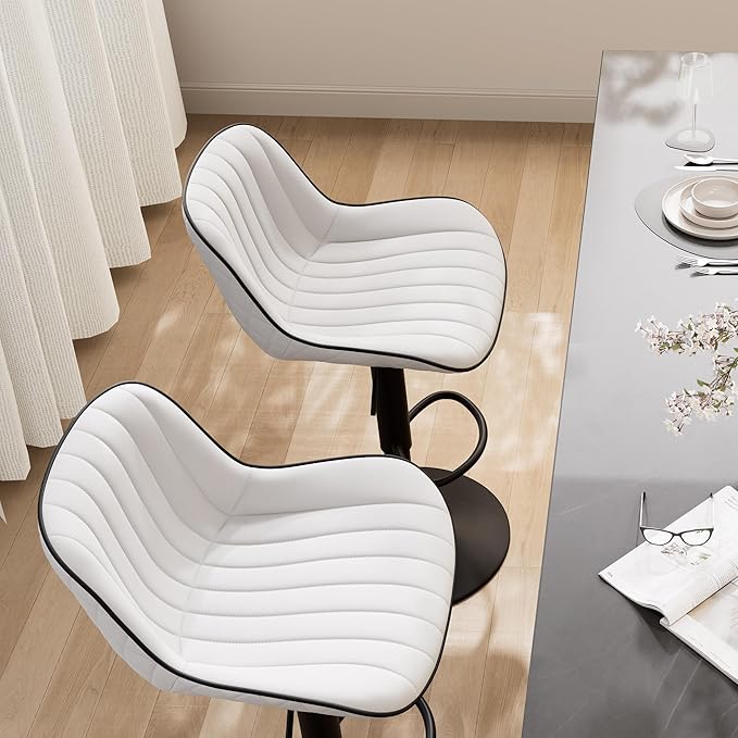 YOUNIKE White Bar Stools Set of 2 Kitchen Counter Height Barstools Upholstered Swivel Modern Faux Leather Bar Chairs with Backs Adjustable High Breakfast Island Stool with Metal Leg
