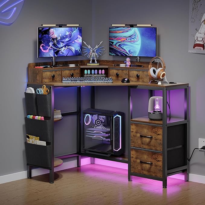 Corner Desk with 6 Fabric Drawers Shelves for Small Space Computer Desk with Power Outlets,Gaming Desk with Printer Monitor Stand Storage for Home Office Workstation Writing Table Brown