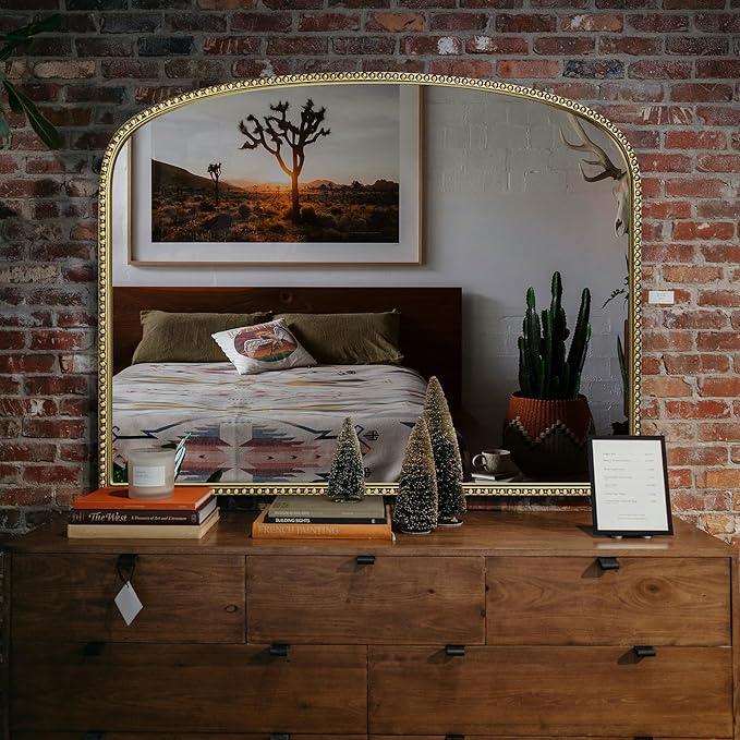 Antique Gold Arched Wall Mirror - 36"x28" with Metal Beaded Frame | Decorative Accent Mirror for Fireplace, Bedroom, Living Room, Dresser, Mantle