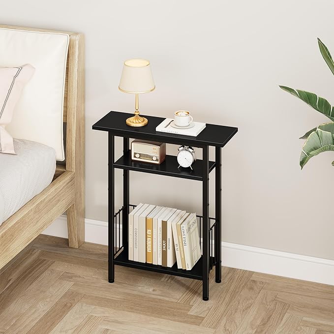 Vagusicc Narrow Side Table, 3-Tier Skinny End Table for Couch, Small side Tables for Small Spaces, Bed Side Table with Storage, 25.2" Tall Slim Nightstand Bedside table for Living Room, Bedroom, Black