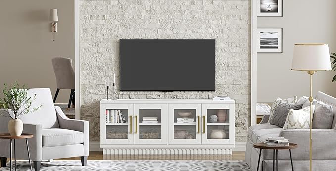 TV Stand for TVs up to 65 Inch, Entertainment Center with Storage Cabinets, Contemporary Modern TV Cabinet Media Console Table with Glass Doors for Living Room Bedroom, Montauk White