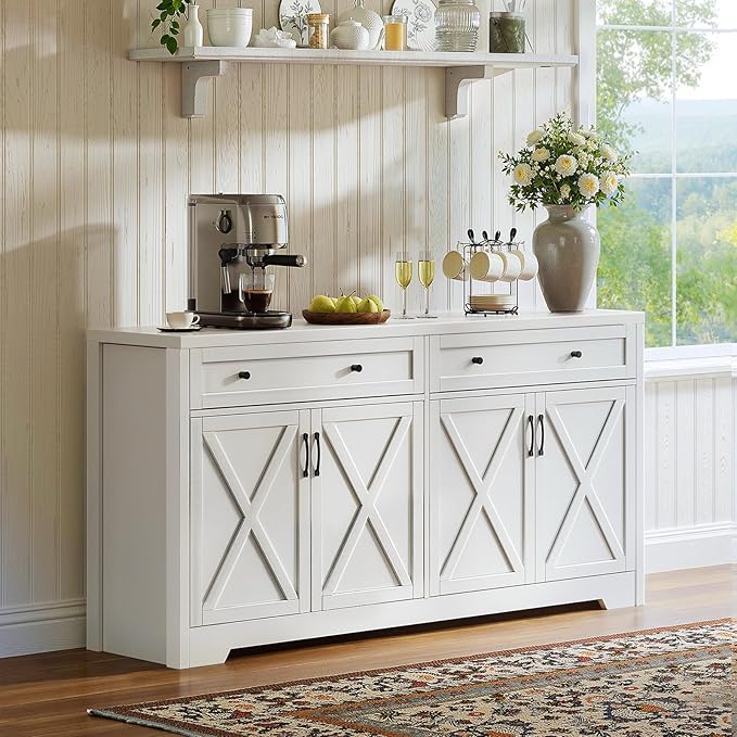61'' Farmhouse Sideboard Buffet Cabinet with Storage, Large Kitchen Storage Cabinet with Barn Doors Drawers, White Coffee Bar Table for Dining Room Kitchen