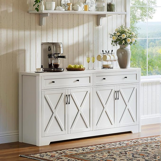 61'' Farmhouse Sideboard Buffet Cabinet with Storage, Large Kitchen Storage Cabinet with Barn Doors Drawers, White Coffee Bar Table for Dining Room Kitchen