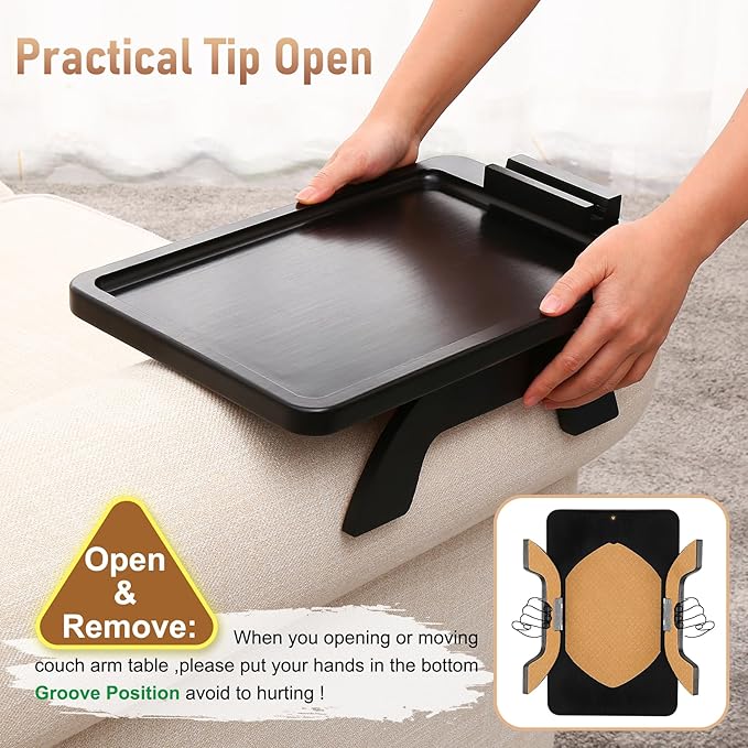 SINWANT Couch Armrest Table, Large Bamboo Couch Arm Table 360° Phone Holder,Foldable Sofa Arm Tray for Eating Drinking Snacks Remote on Chair Armrest