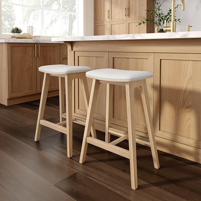 Plank+Beam Beryl Counter Height Stool - Mid-Century Modern Rubberwood Bar Stool with Faux Leather Seat, Metal Footrest, Easy Assembly, 4-Pack, Blonde/Sesame
